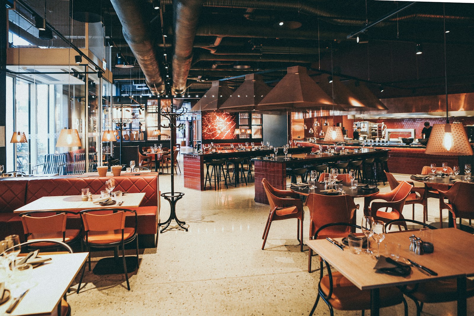 Restaurant dining room and pickup counter prepared before service